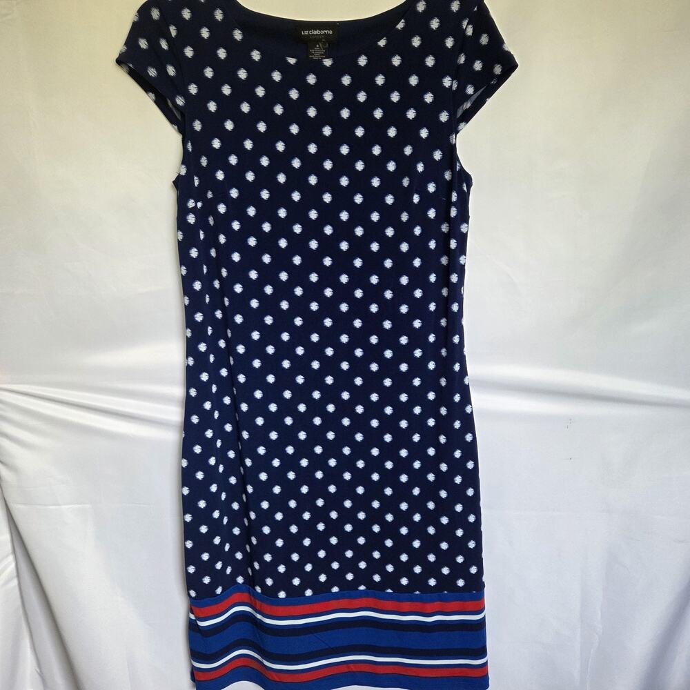 Liz Claiborne Career Navy Polka Dot Striped Hem Shift Dress Womens Size S